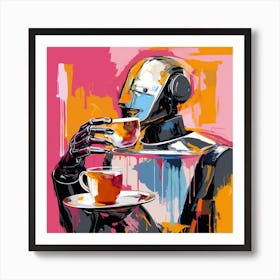 Robot Drinking Coffee Art Print