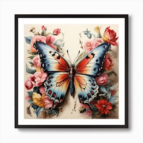 Butterfly With Flowers Art Print