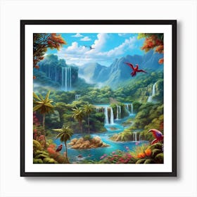 Tropical Jungle With Waterfalls And Parrots Art Print
