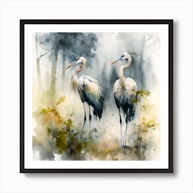 Storks Ink & Watercolour Painting Art Print