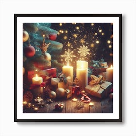 Christmas Background With Candles And Gifts Art Print