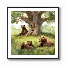 Brown Bears Under A Tree Art Print