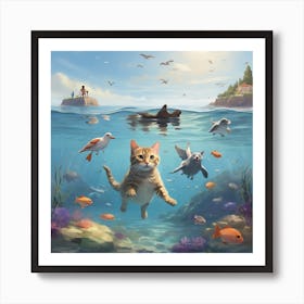 Cat swimming in the sea Art Print