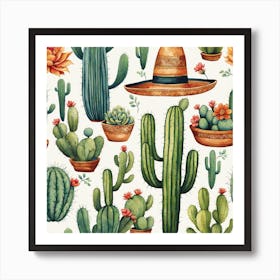 Watercolor Cactus Pattern Art Print