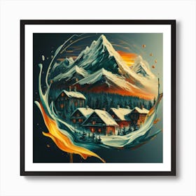 Abstract painting of a mountain village with snow falling 13 Art Print