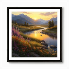 "Luminous Valley: River, Mountains, and Wildflowers" Art Print