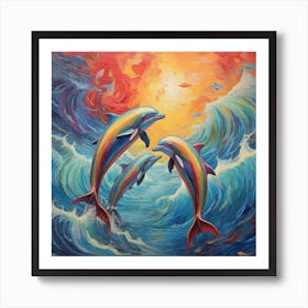 Van Gogh style, Rainbow dolphins 1 Art Print