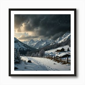 Illustration Of Winter Snowfall In A Mountainous Landscape Art Print