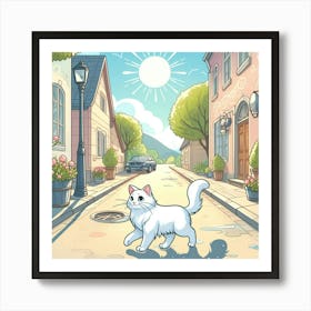 White Cat On The Street Art Print