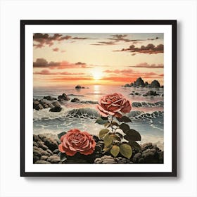 Leonardo Diffusion Xl A Rose Sitting On A Rocky Shore At Sunse 0 Art Print