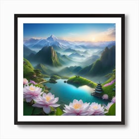 Asian Landscape With Lotus Flowers Art Print