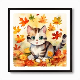 Autumn Kitten Watercolor Painting Art Print