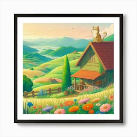 Cat On The Roof Of The House Art Print