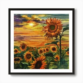 Sunflowers At Sunset Wood Print Art Print