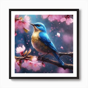 Blue and Gold Bird amongst the Falling Cherry Blossom Petals Art Print