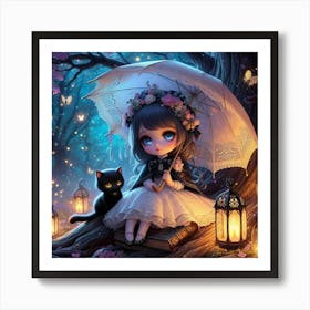 Little Girl With Umbrella And Cat Art Print