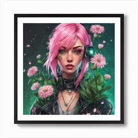 Cyberpunk girl with flowers Art Print