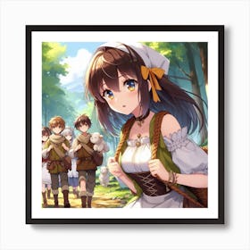 Anime Girl on a Camping Adventure in the Forest with Friends Art Print