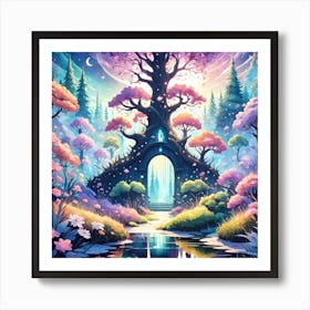 A Fantasy Forest With Twinkling Stars In Pastel Tone Square Composition 182 Art Print