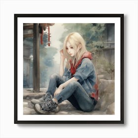 Girl Sitting On The Ground Art Print