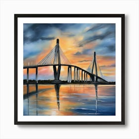 Sunset over the Arthur Ravenel Jr. Bridge in Charleston. Blue water and sunset reflections on the water. Oil colors.8 Art Print