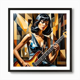 Woman Playing Guitar Cubism Style Art Print