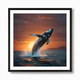 Humpback Whale Jumping At Sunset Art Print