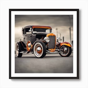 Vintage hot rod with custom flame paint job, captured in low key lighting with selective focus on the chrome details, classic car, retro, high resolution Art Print