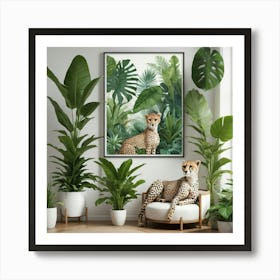 Indoor Tropical Plant Jungle With Cheetah Art Print 3 Art Print