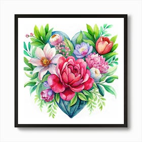 Watercolor Floral Bouquet In Heart Shape Art Print