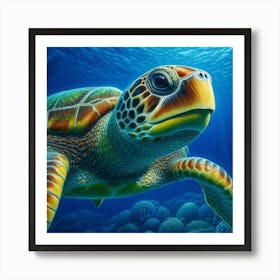 A closeup of a beautiful sea turtle, with a colorful shell and gentle expression in its eyes, glides gracefully through the deep blue ocean, surrounded by vibrant coral reefs and exotic marine life. Art Print