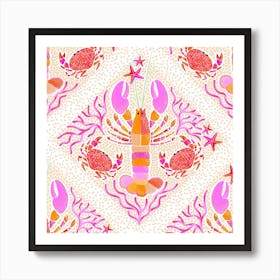 Summer Coastal Boho Lobster, Crab & Coral - Lattice Pink Art Print