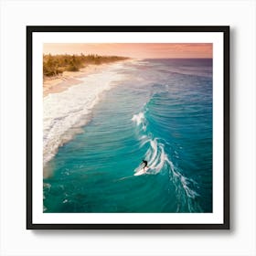 Aerial Photography Capturing A Surfer Amidst Azure Waves Tropical Beach In The Background Palm Tre (3) Art Print