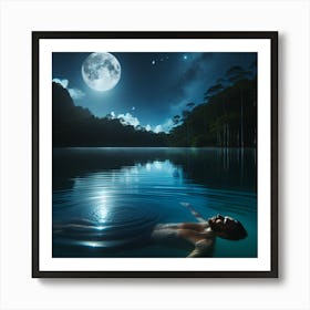 Man Floating In Water At Night Art Print