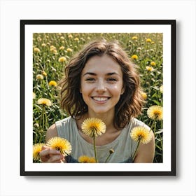 A Woman Interacts With Dandelions During The Day Looking At The Camera With A Warm Smile The Scene I 3544895349 Art Print