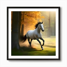 Horse Running In The Forest Art Print