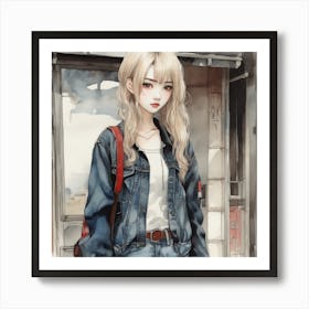 Anime Girl In Denim Jacket Art Print