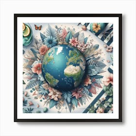 Earth Globe With Flowers Art Print