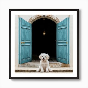 Dog In Front Of Blue Door Art Print