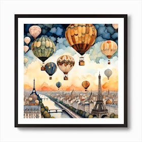 Paris Hot Air Balloons Watercolor Poster