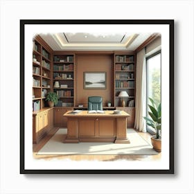 Sophisticated Law Office In Watercolor, With Wooden Bookshelves And Modern Decor Art Print