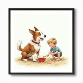 Joyful Australian Cattle Dog And Child Playing In The Sand, Watercolor 1 Art Print