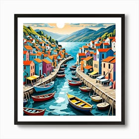 Fishing Village With Channel To The Sea Cubism Style Art Print