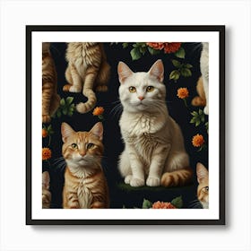 Cats And Flowers Art Print