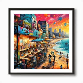 Sunset Tapestry  Of Beachgoers Bars And Shops Art Print