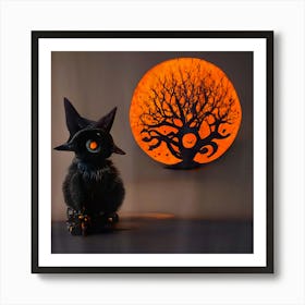 Cute Spooky Realistic Black Cat Portrait Moon Tree Design Art Print