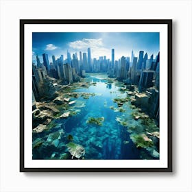 Above The Submerged Metropolis Capture A Drones Perspective Flying Over A Once Thriving City Art Print