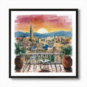 Watercolor Sunset Over Arabian City With Terrace And Minaret Art Print