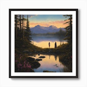 Two People Standing By A Lake Art Print