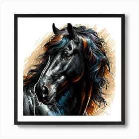 Black Mustang Horse Head Portrait Creative Color Drawing Art Print